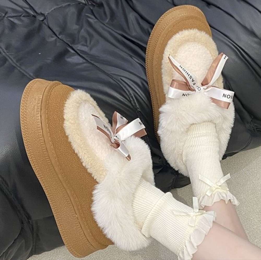 Plush Faux Fur Platform Chunky Bow Slipper Ankle Boots Fuzzy Slip-on Lug Shoes